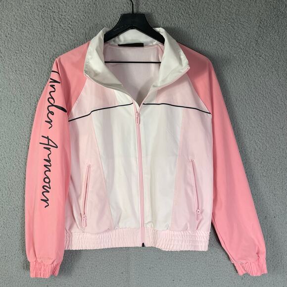 Under Armour Pink White Windbreaker XS Loose Fit Jacket Zip Front Logo Sleeve - Picture 3 of 13